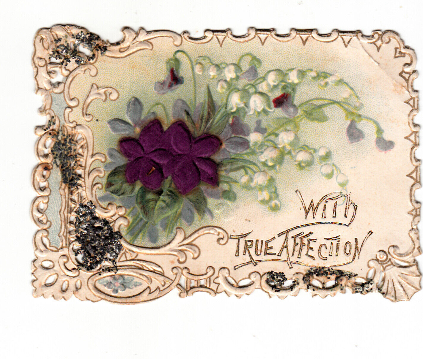 With True Affection Embossed Giltter Flower Vict Card c1880s