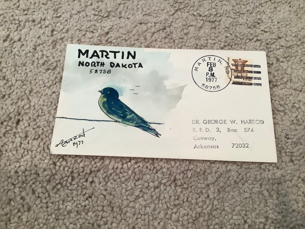 1977 MARTIN North Dakota: Signed FOLK ART WATERCOLOR Postal Cover GEORGE HARROD