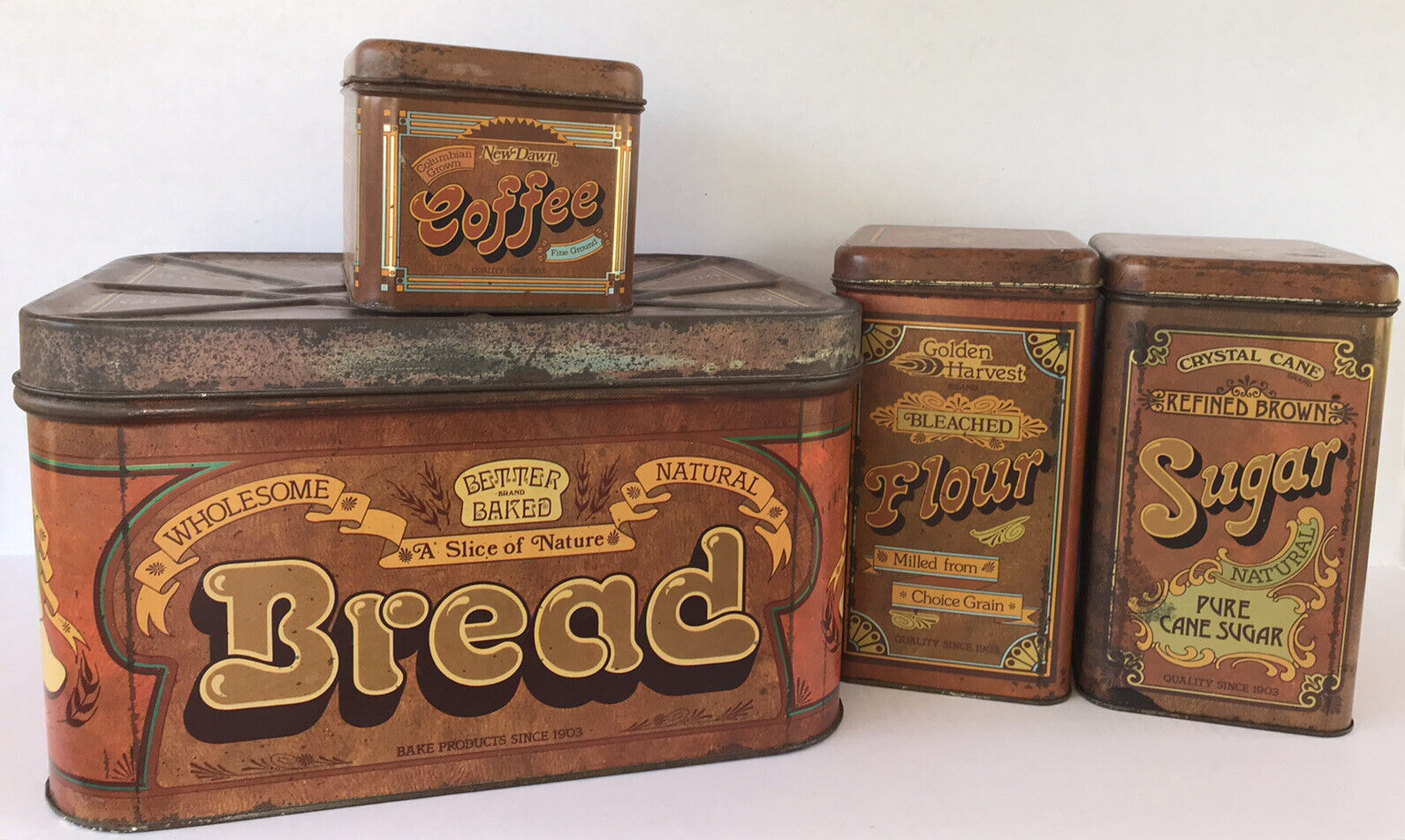 Vintage Tin Coffee Flour Sugar Bread Metal Kitchen Canister Set Of 4