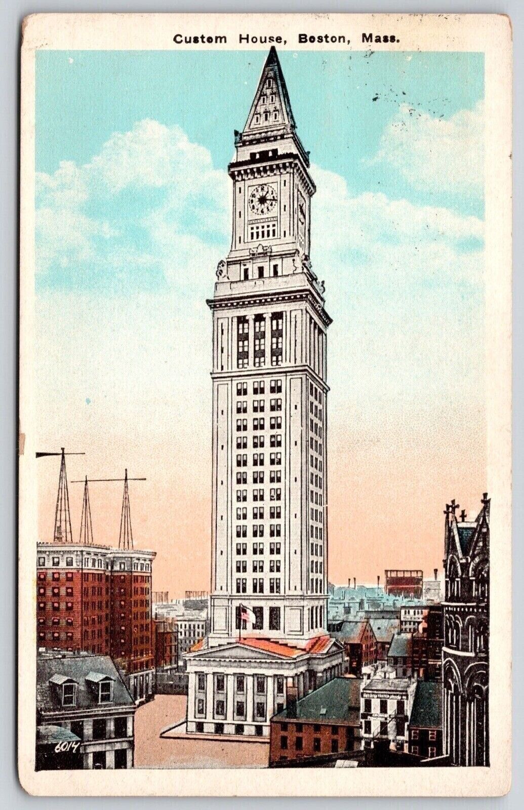 Custom House Boston Massachusetts Birds Eye View Clock Tower Flag VNG Postcard