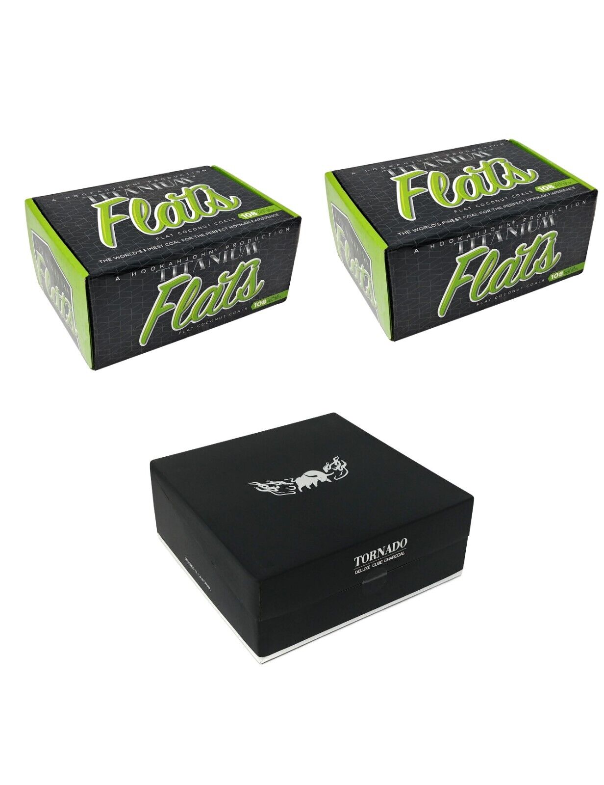 2 Box Of 108 Ct HookahJohn FLAT Coconut Hookah Charcoal and 1 Box Tornado Cube