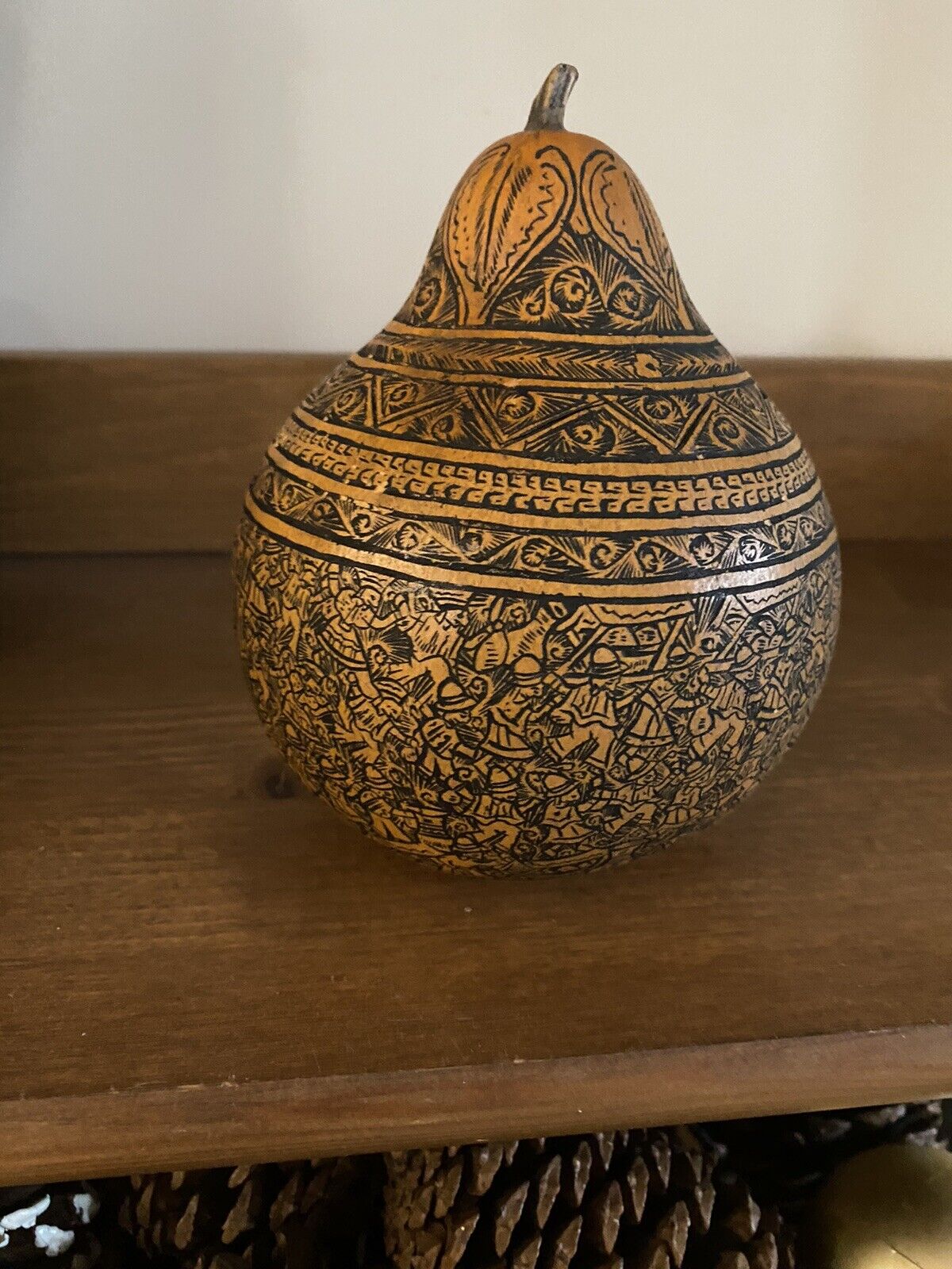 Vintage Peruvian Box Detailed Hand Carved  Gourd 6in/4in