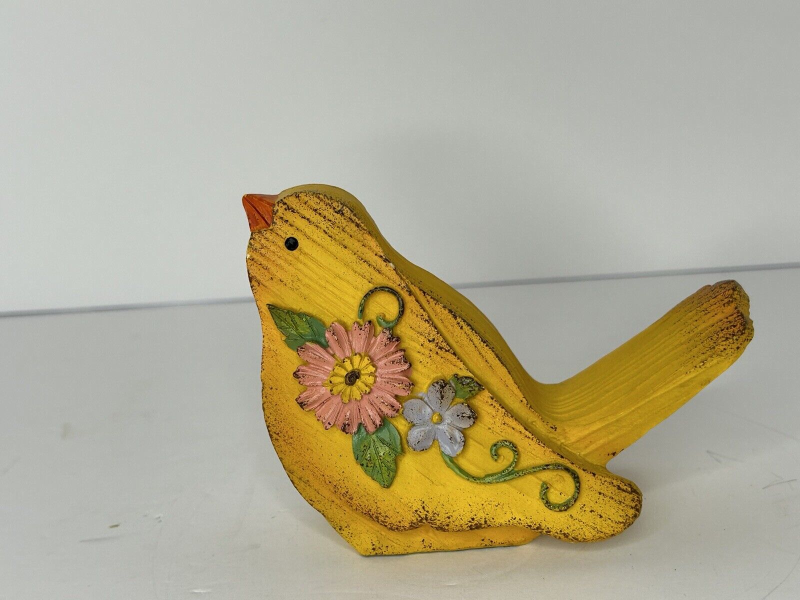 Yellow Bird W/colorful Flowers Shelf Sitter Canary Resin Cheerful Happy Bright