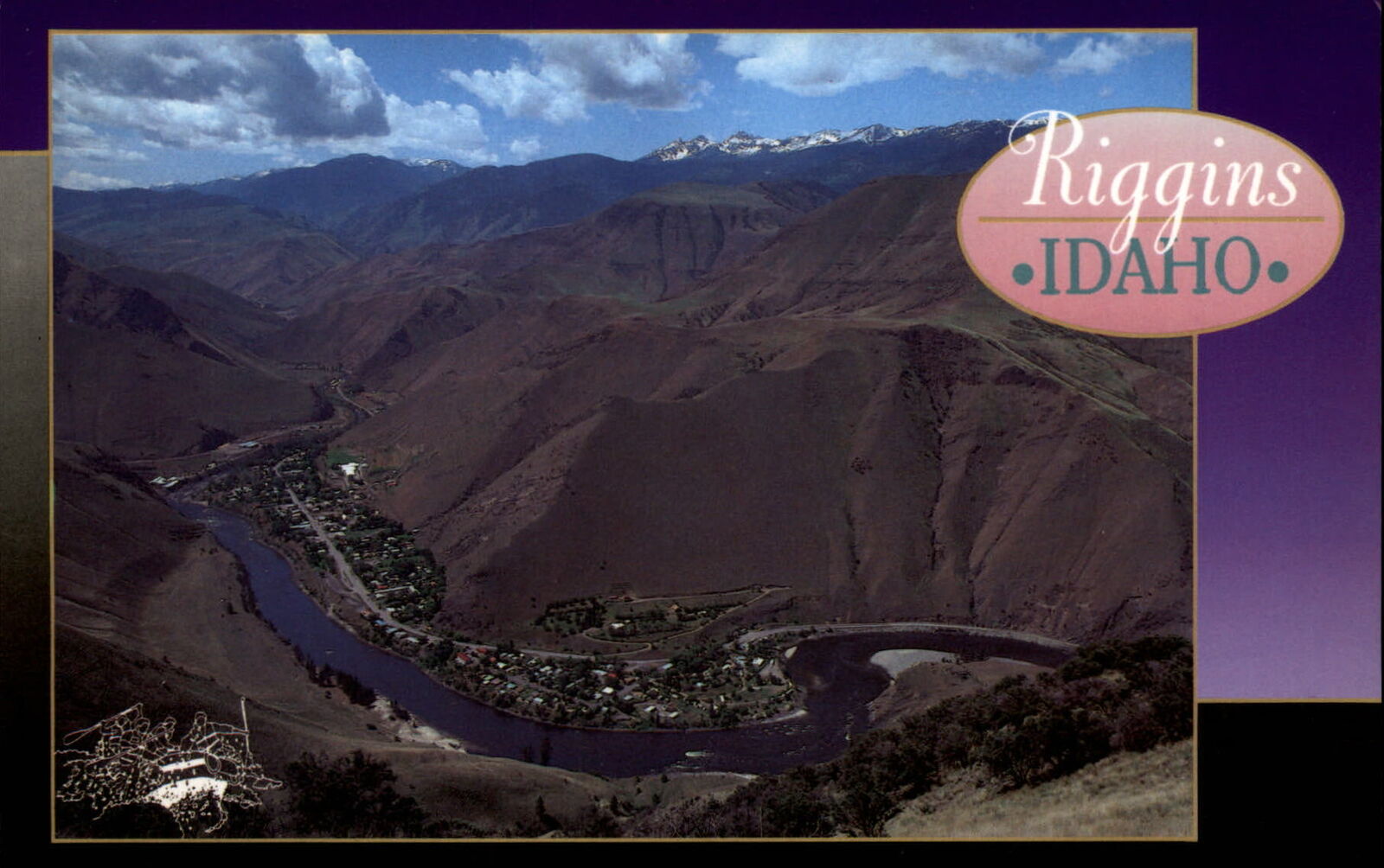 Riggins Idaho Seven Devils Mountains town aerial view vintage postcard sku983
