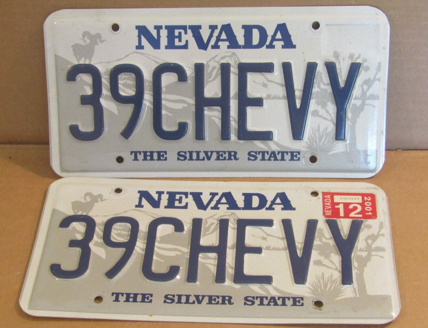 pair Nevada License Plate 39CHEVY vanity personalized expired