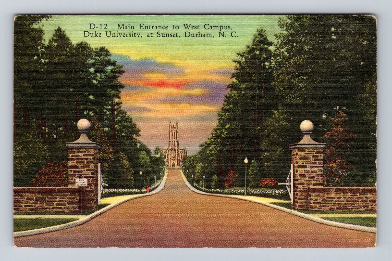 Durham NC- North Carolina, Main Entrance To West Campus, Vintage Postcard