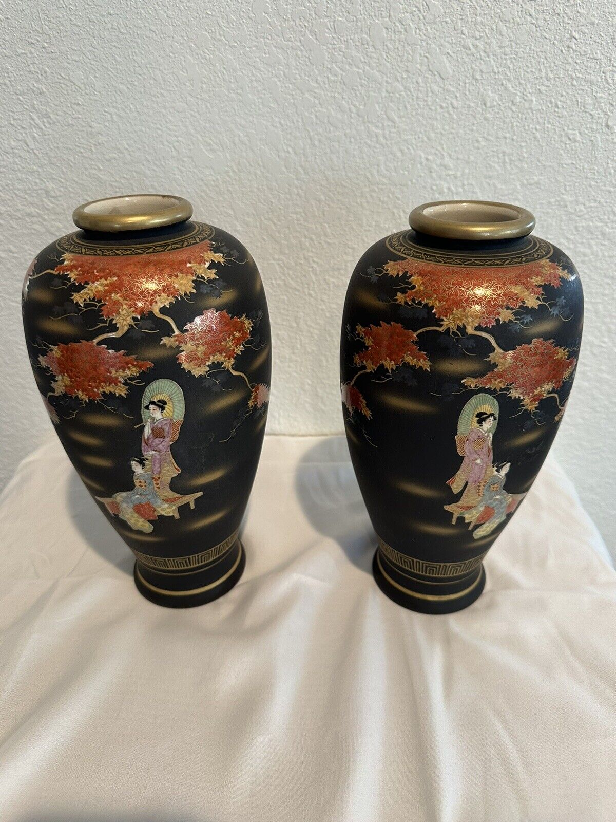 10” Vintage Japanese Vases, Black With Gold Trim and A Geisha Design. Pair