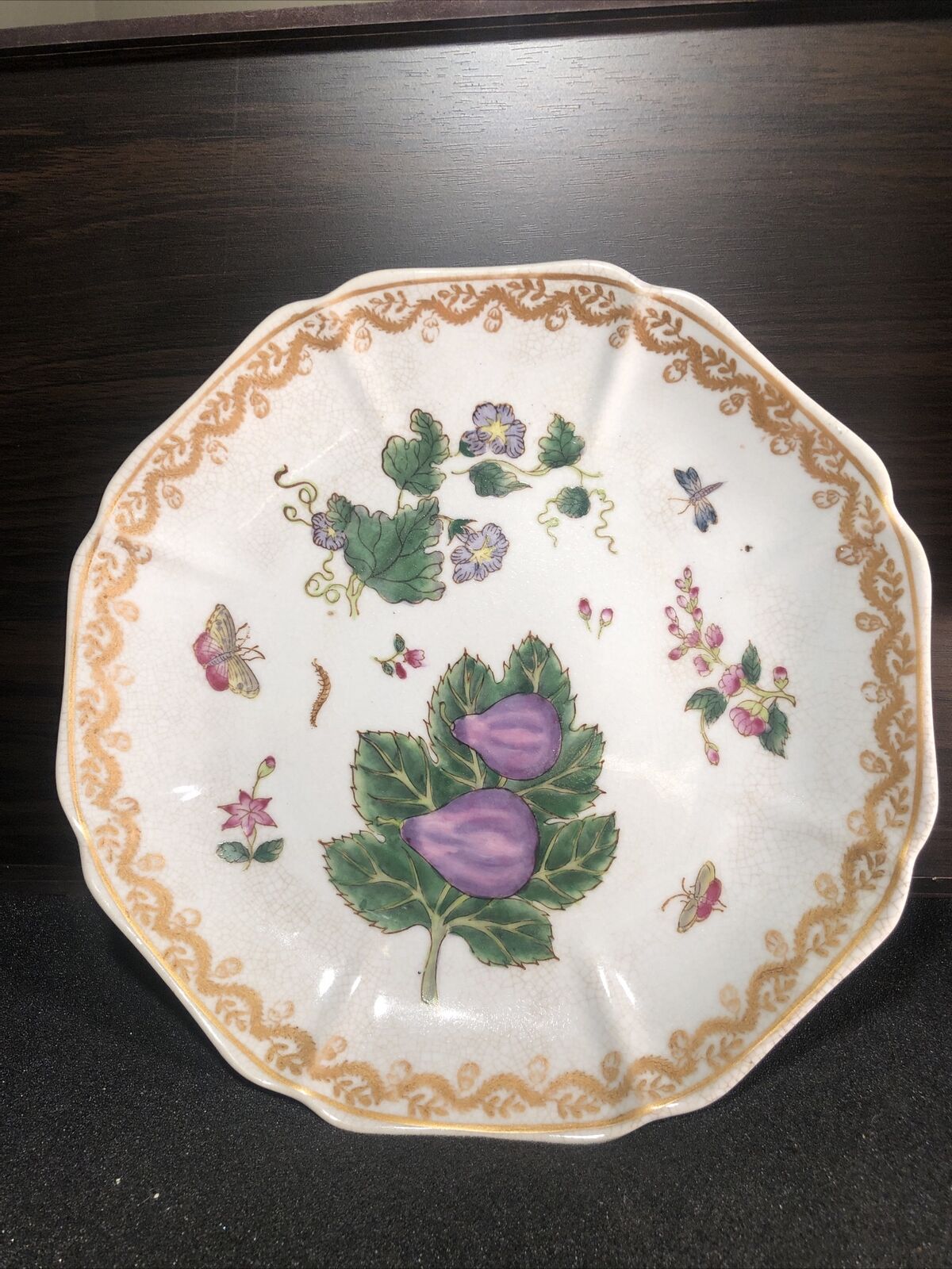Vintage Wong Lee Porcelain Plate Floral Butterfly Fruits Figs Marked