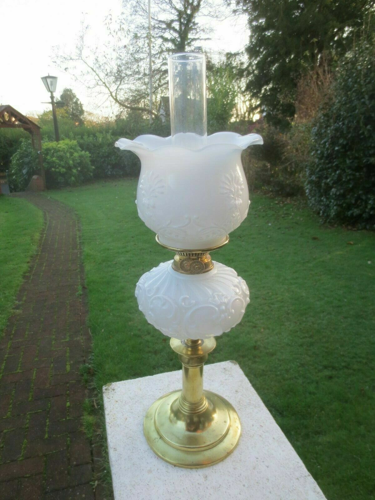 Vintage Antique Old Brass & Glass  Oil Lamp  With  Chimney & White Shade