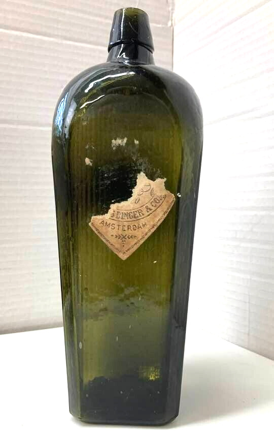 Binger & Co Amsterdam Gin Bottle  Wood Grain panels  Olive Green Case Antique