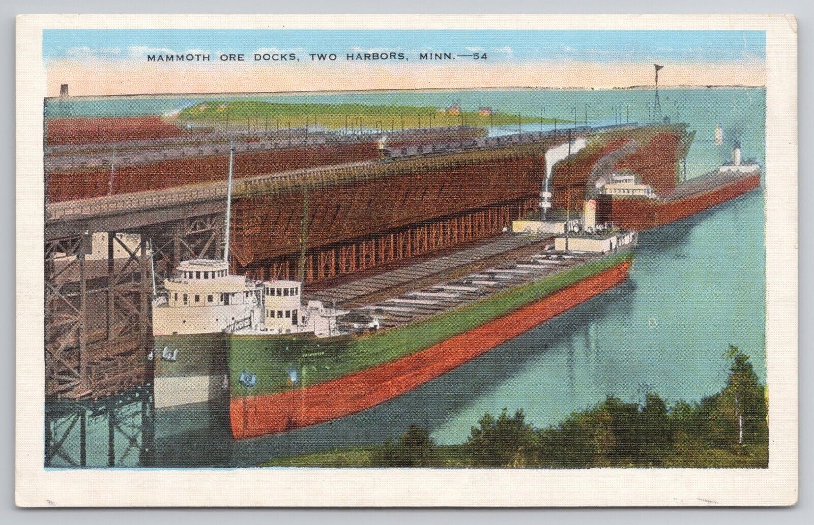 1930-45 Postcard Mammoth Ore Docks Two Harbors Minnesota MN Cargo Ships