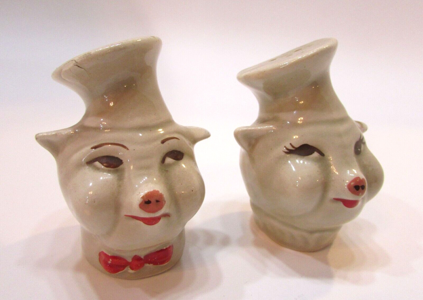 Antique 1930\'s Hand Painted Pottery Mr Mrs Pig Chef Head Salt Pepper Rare Style