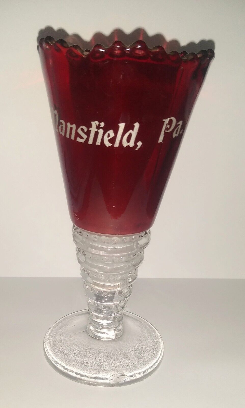 Mansfield, Pa Small Vintage Ruby Red Flash Glass Souvenir Vase