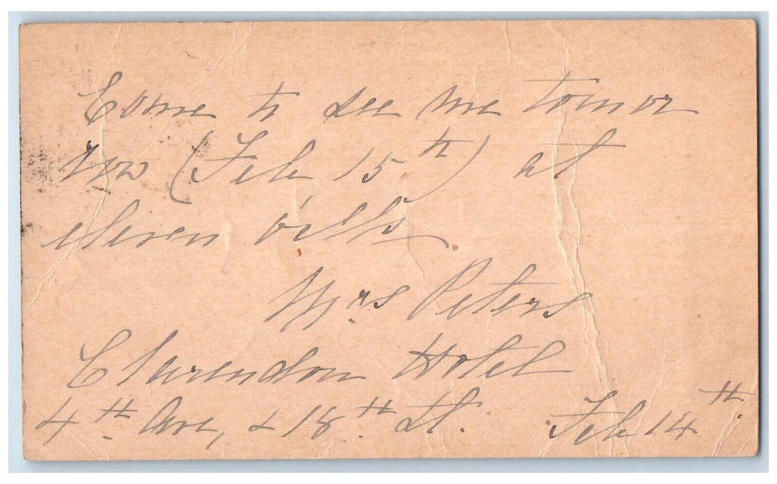 1884 Clarendon Hotel Mrs. Peters Letter New York City NY Postal Card