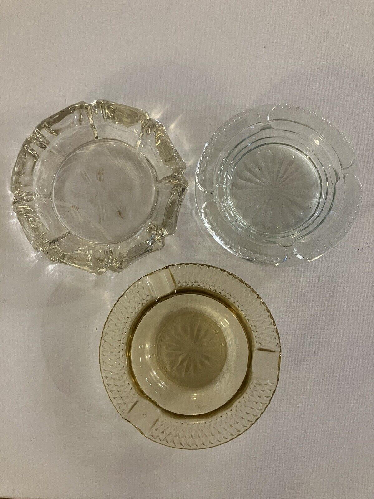 Lot Of 3 Vintage Glass Ashtrays Yellow Pressed Glass Crisscross Floral Etched