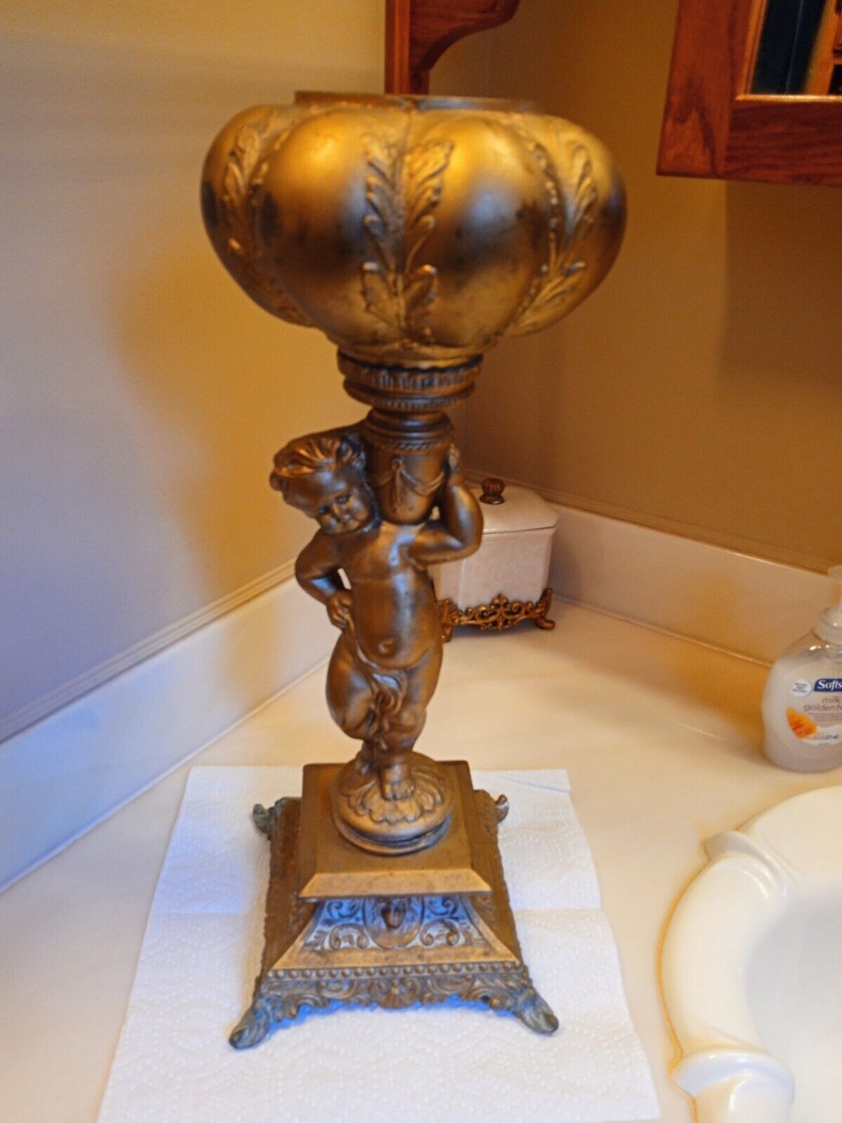 Antique Victorian All Spelter Figural Cherub Oil/Kerosene Lamp Base Needs Font