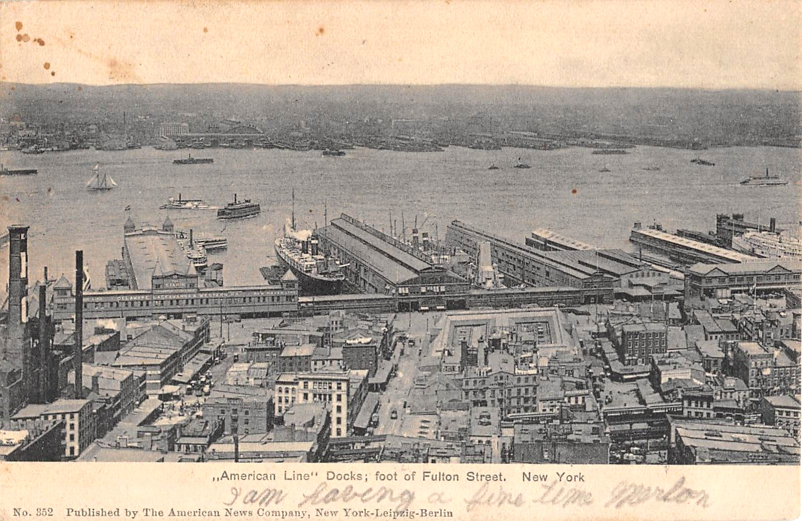 1906 Aerial View American Lines Docks Foot of Fulton St. Manhattan NY post card