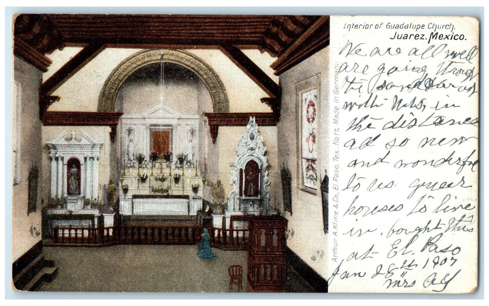 1907 Interior of Guadualupe Church Juarez Mexico Posted Antique Postcard