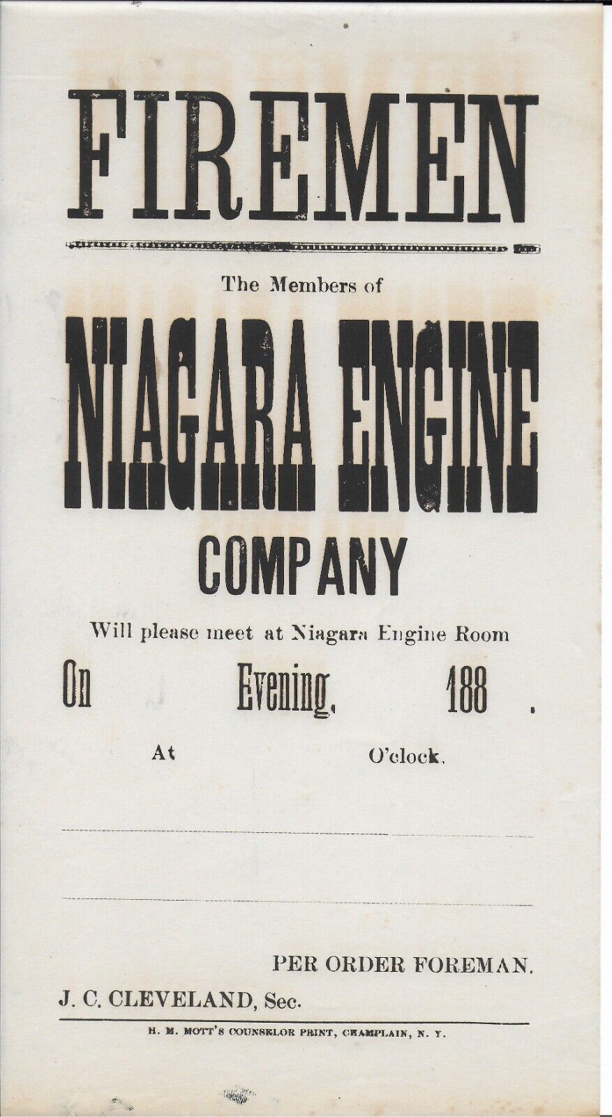 Broadside for a Meeting of the Members of the Niagara Engine Company (NY Firemen
