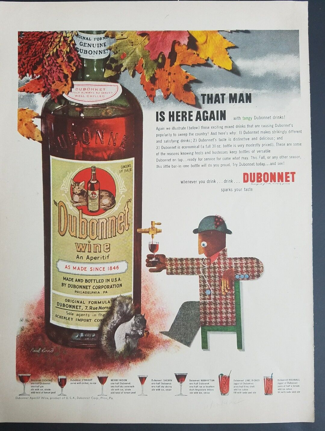 1942 Dubonnet wine aperitif vintage Paul Rand art ad