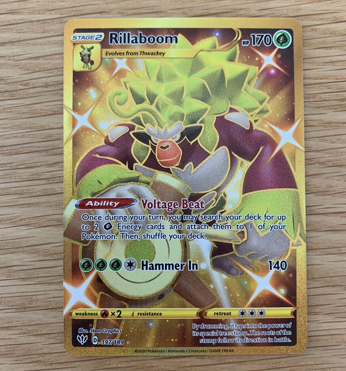 Pokemon Card Rillaboom 197/189 Gold Secret Rare Darkness Ablaze Near Mint