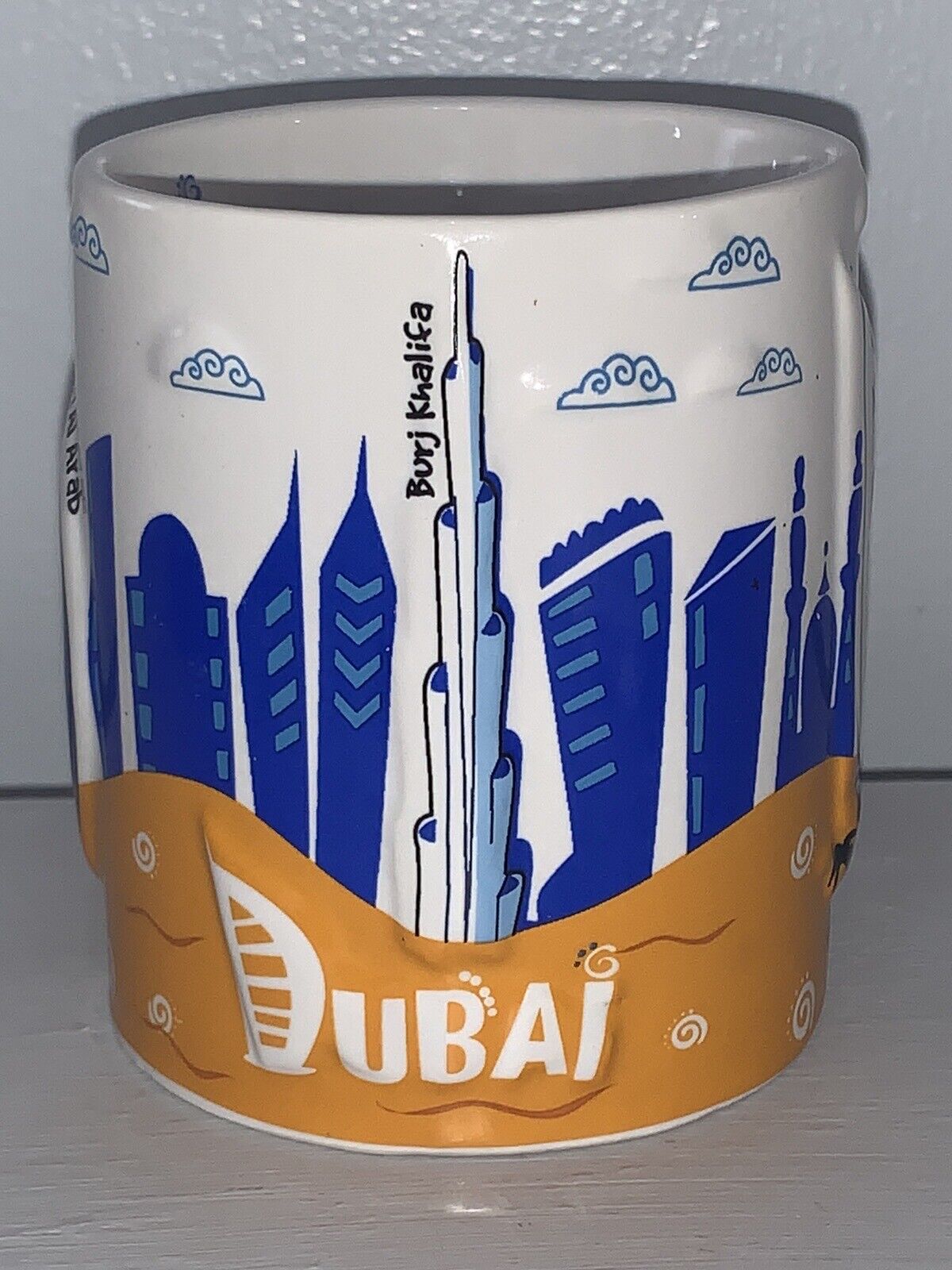 DUBAI COFFEE MUG CUP TEA BURJ AL ARAB BUEJ KHALIFA 2 SIDED EMBOSSED