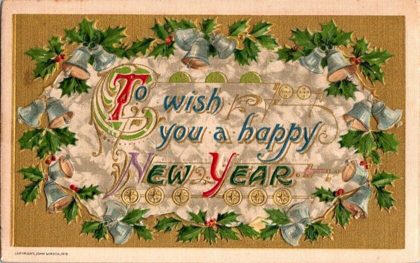 Postcard New Year Greetings with Garland Wreath of Holly & Bells 1911      J-126