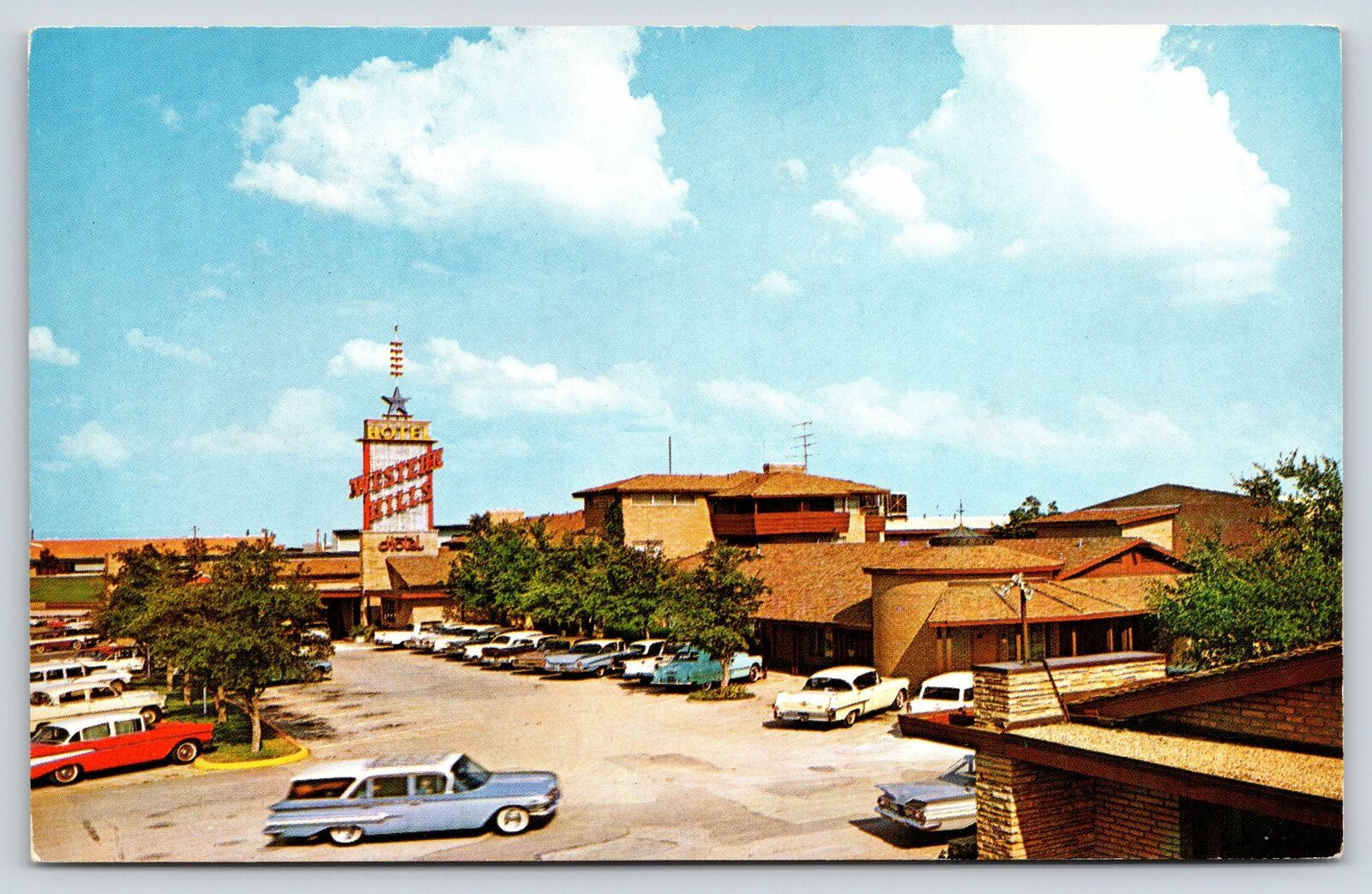 Fort Worth Texas~Western Hills Hotel~Neon Googie Sign~Station Wagon~1950s Cars