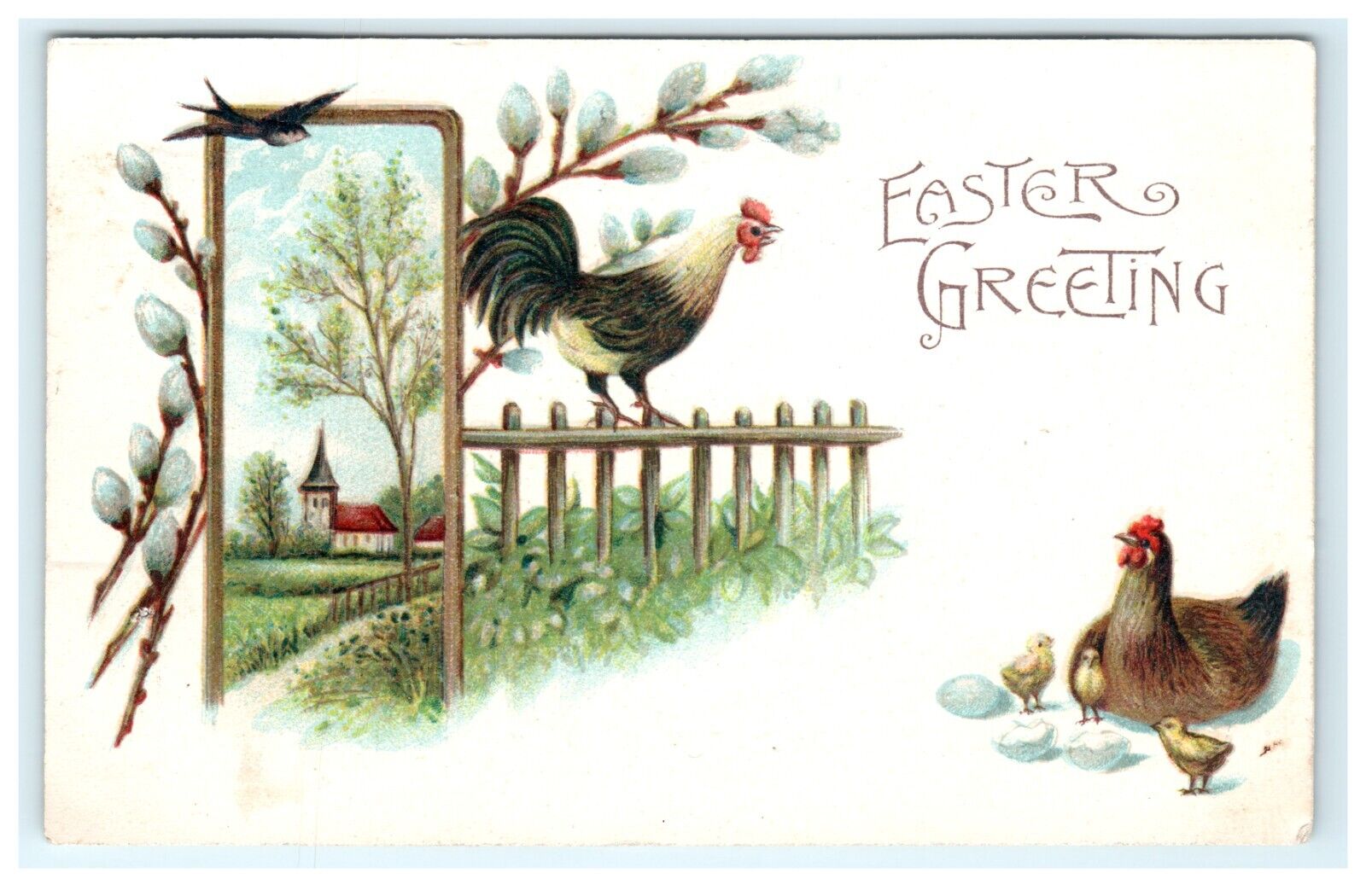 1907 East Greetings Rooster Chicken Laying Domestic View Holiday Postcard Emboss