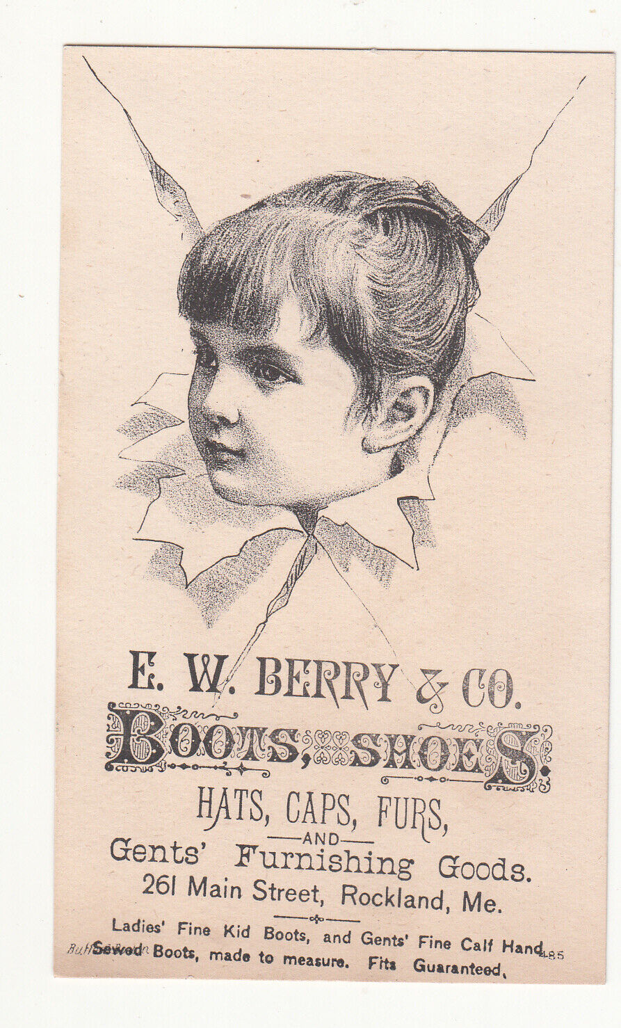 E W Berry & Co Boots Shoes Hats Caps Furs Rockland ME Child Paper Card c1880s
