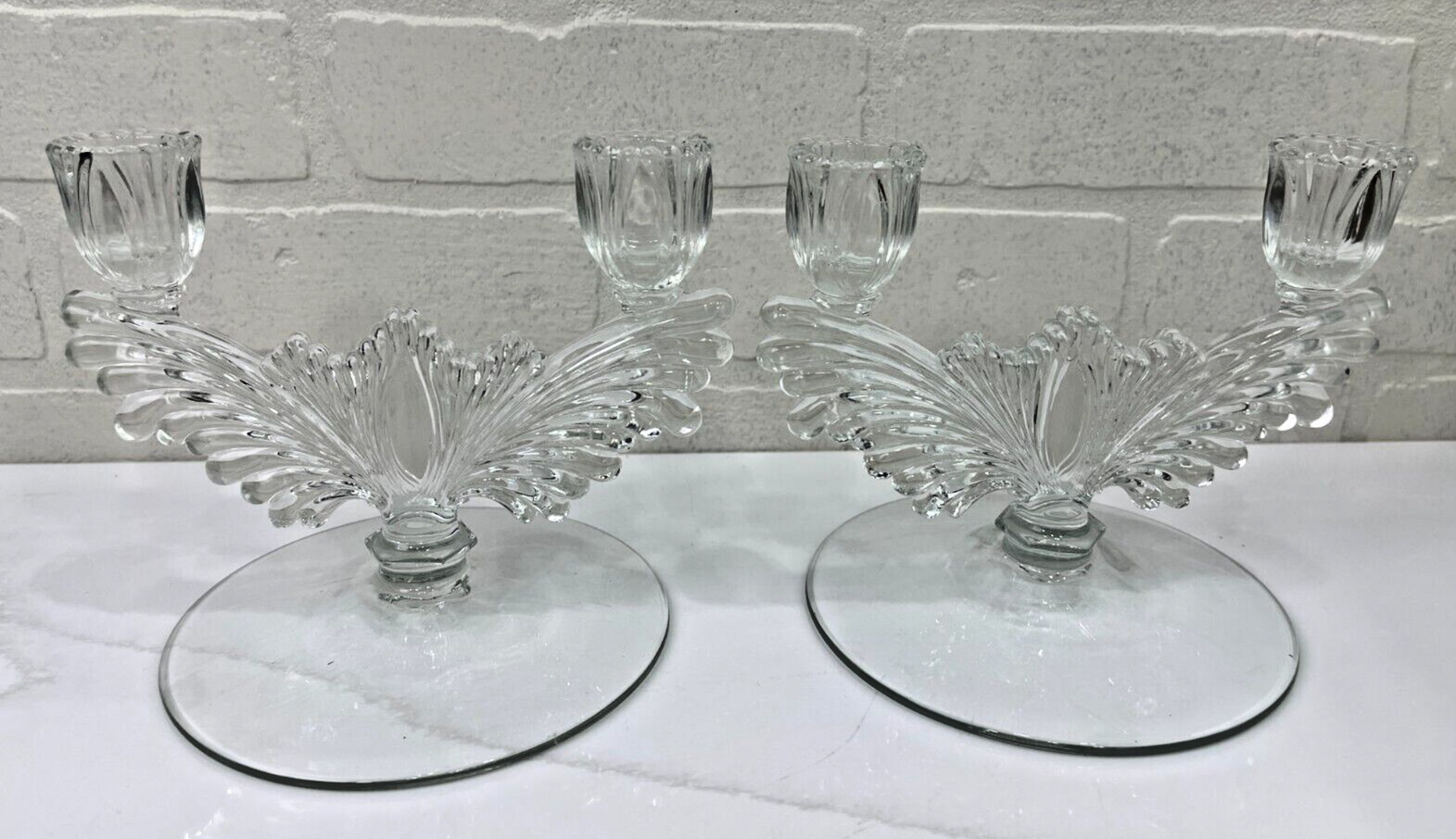 Pair of Elegant Art Deco Double Arm Candlestick Holders Clear glass Tablescape