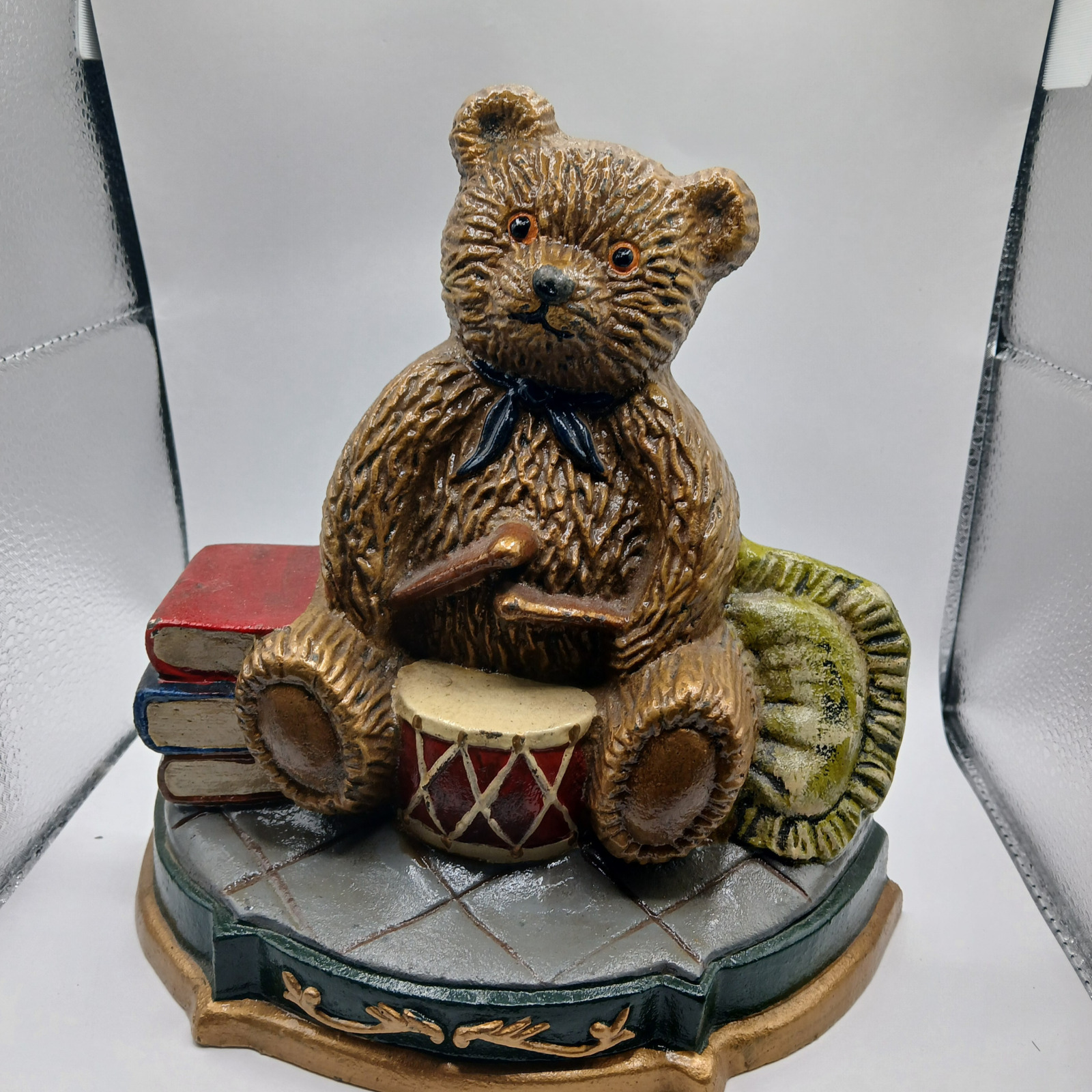 Vintage Cast Iron Teddy Bear Bookend - Pre-Owned, Drumming Bear Design