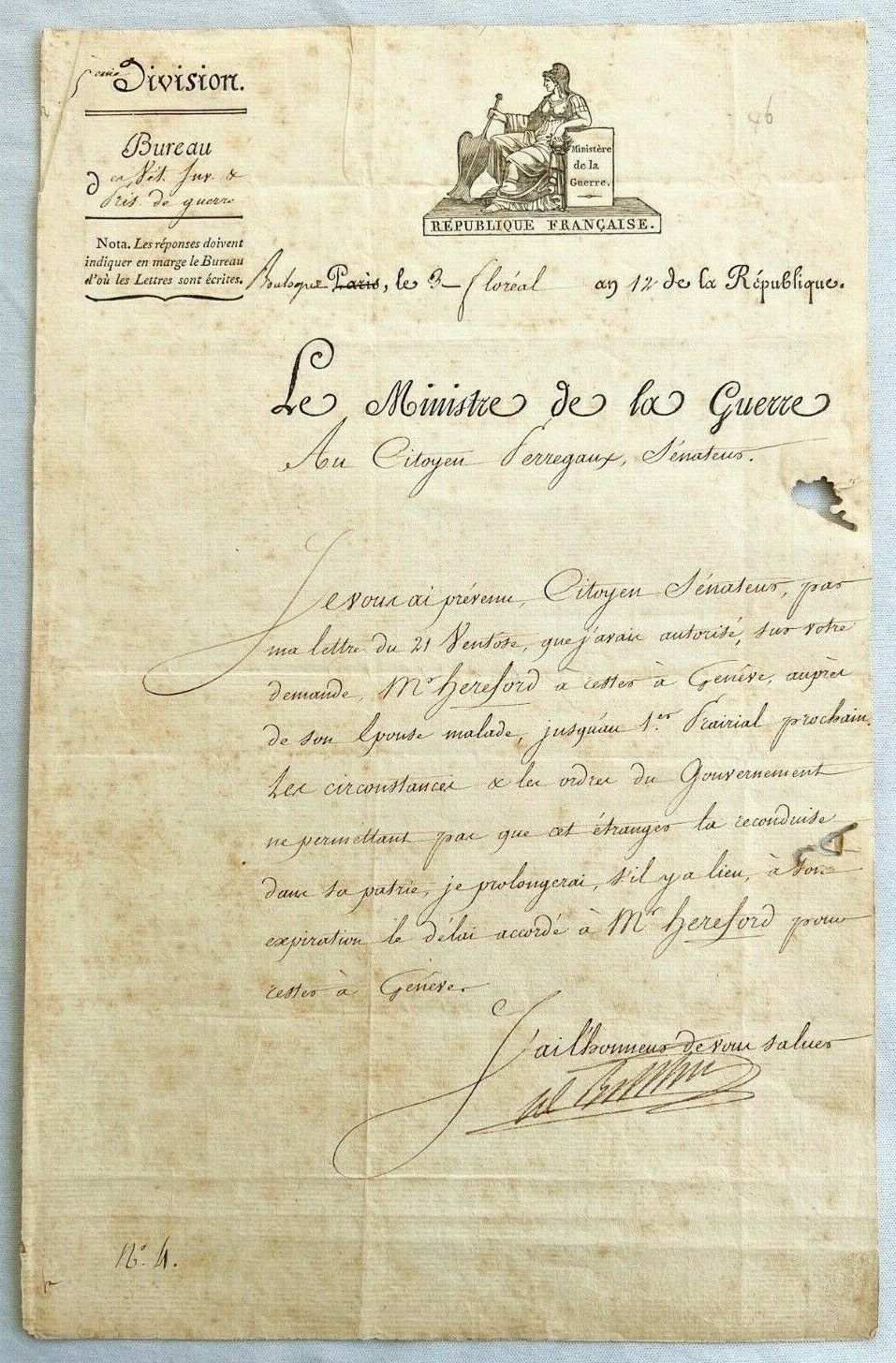 1802 Letter France War Minister Berthier Senator Perregaux Napoleon War Battle