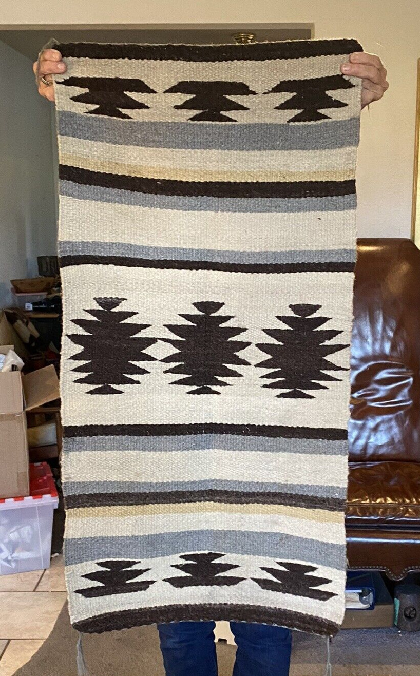 Old Navajo Rug - Dark Brown Grey Tan Cream White Stripes Geometrics  - 38\