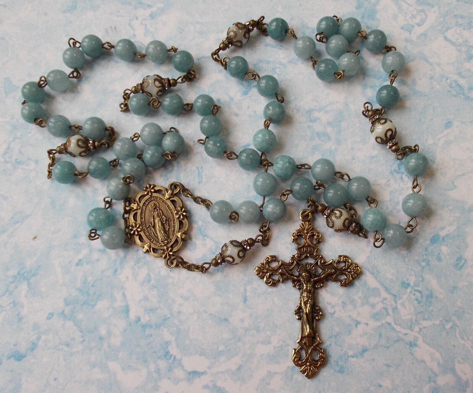 GORGEOUS Blue Chalcedony Aquamarine Gemstone Rosary~Italy~Handmade~bronze finish