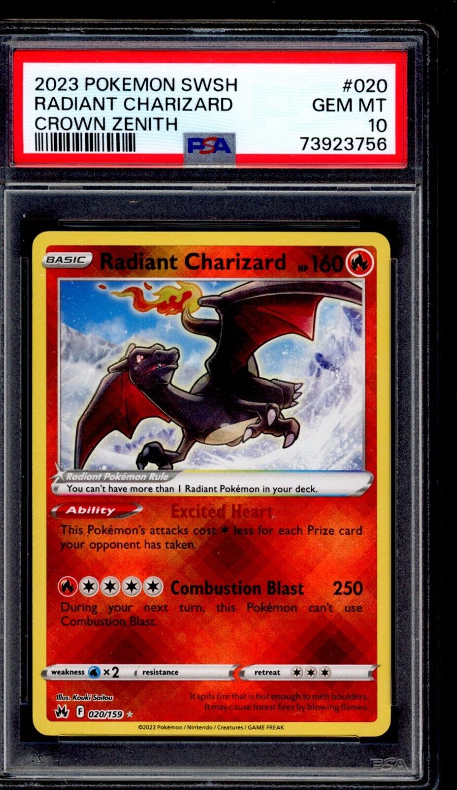 PSA 10 Radiant Charizard 2023 Pokemon Card 020/159 Crown Zenith