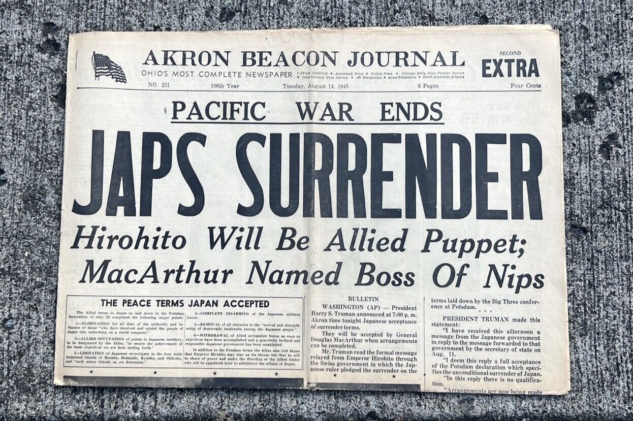 Akron Beacon Journal- Newspaper August 14, 1945  “Japs Surrender”