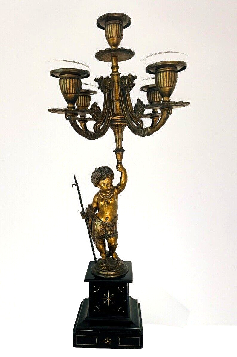 Antique Gilted Bronze Rococo Boy Figural Holding 5arm Candelabra on Marble Base
