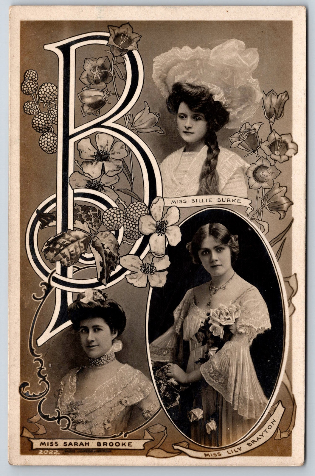 Large Letter B~3 Lovely Actress~Billie Burke~Lily Brayton~Sarah Brooke~1907 RPPC