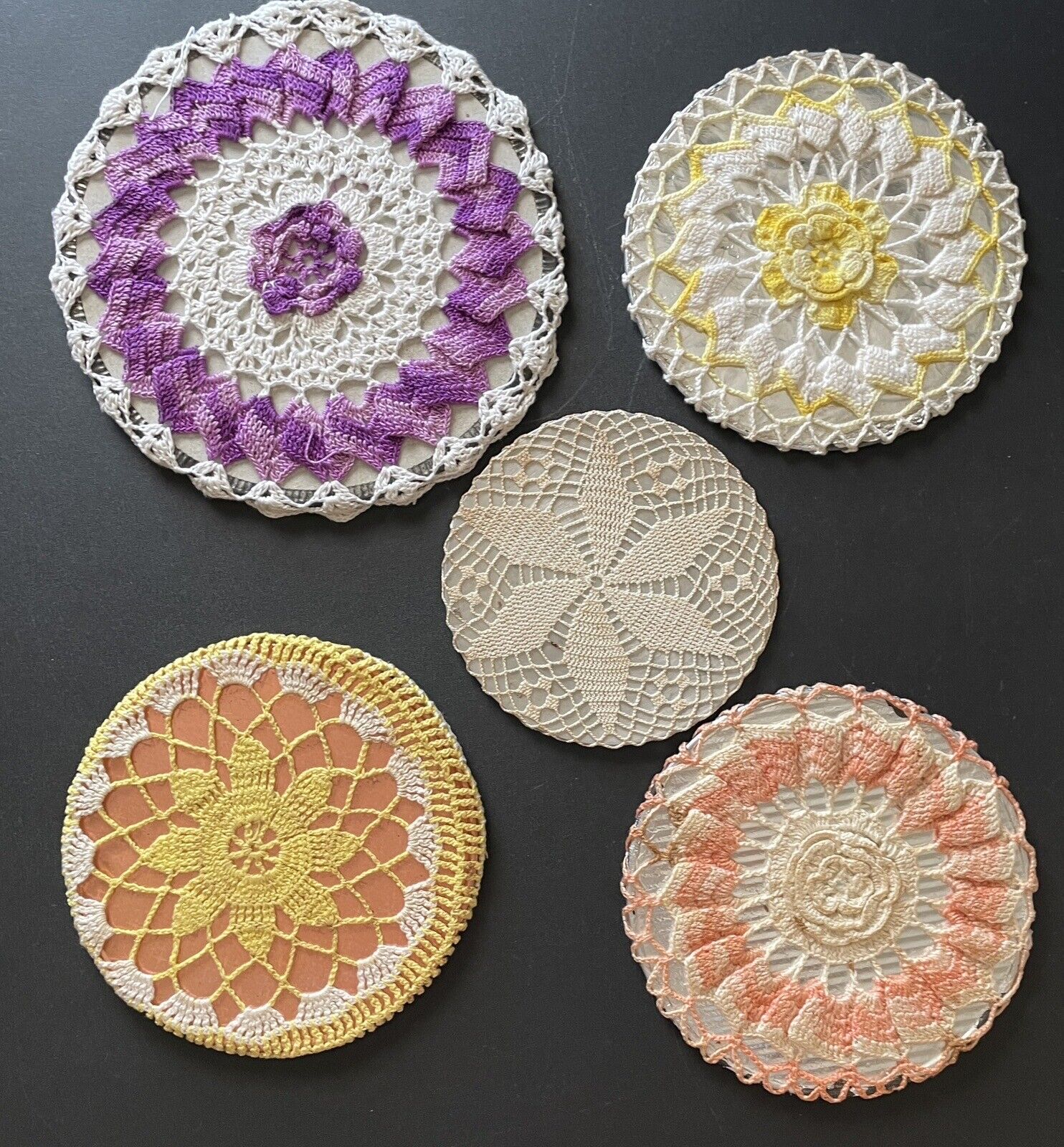 Vintage Lot of 5 Handmade Crochet Doilies Over Hot Pads Plates Need TLC 6”-9”