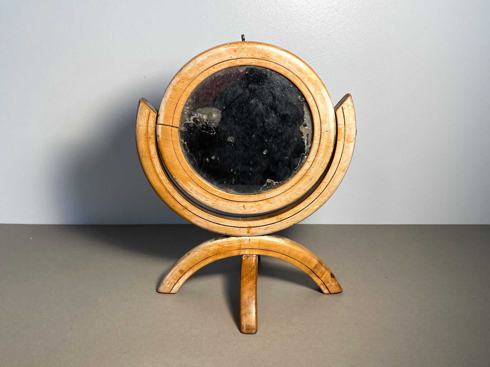 Antique Small Round Treen Mirror, Circular Feet, Standing Shaving Wall Hanging