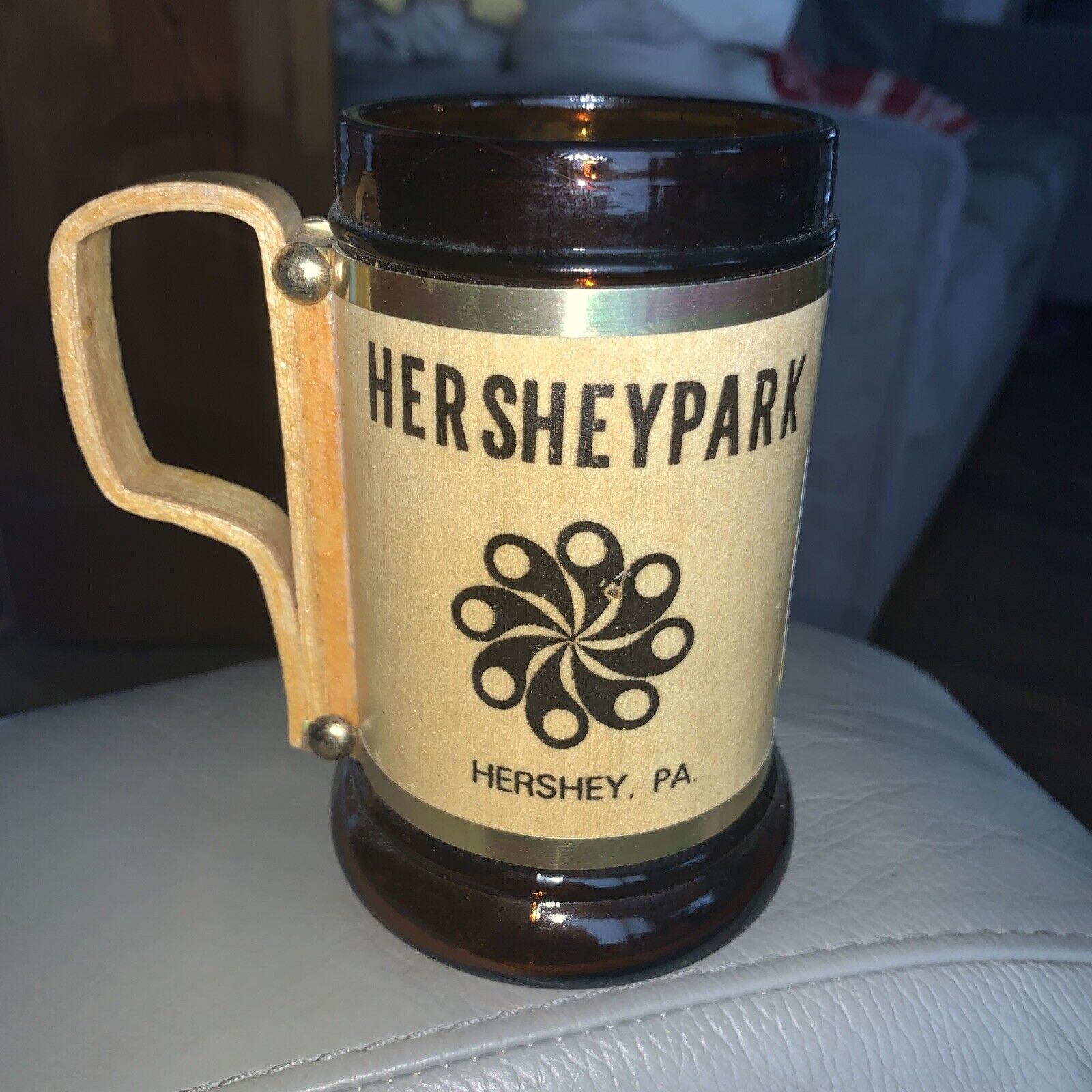 Hershey Amusement Park Amber Mug Glass Cup Wood Handle Vintage 