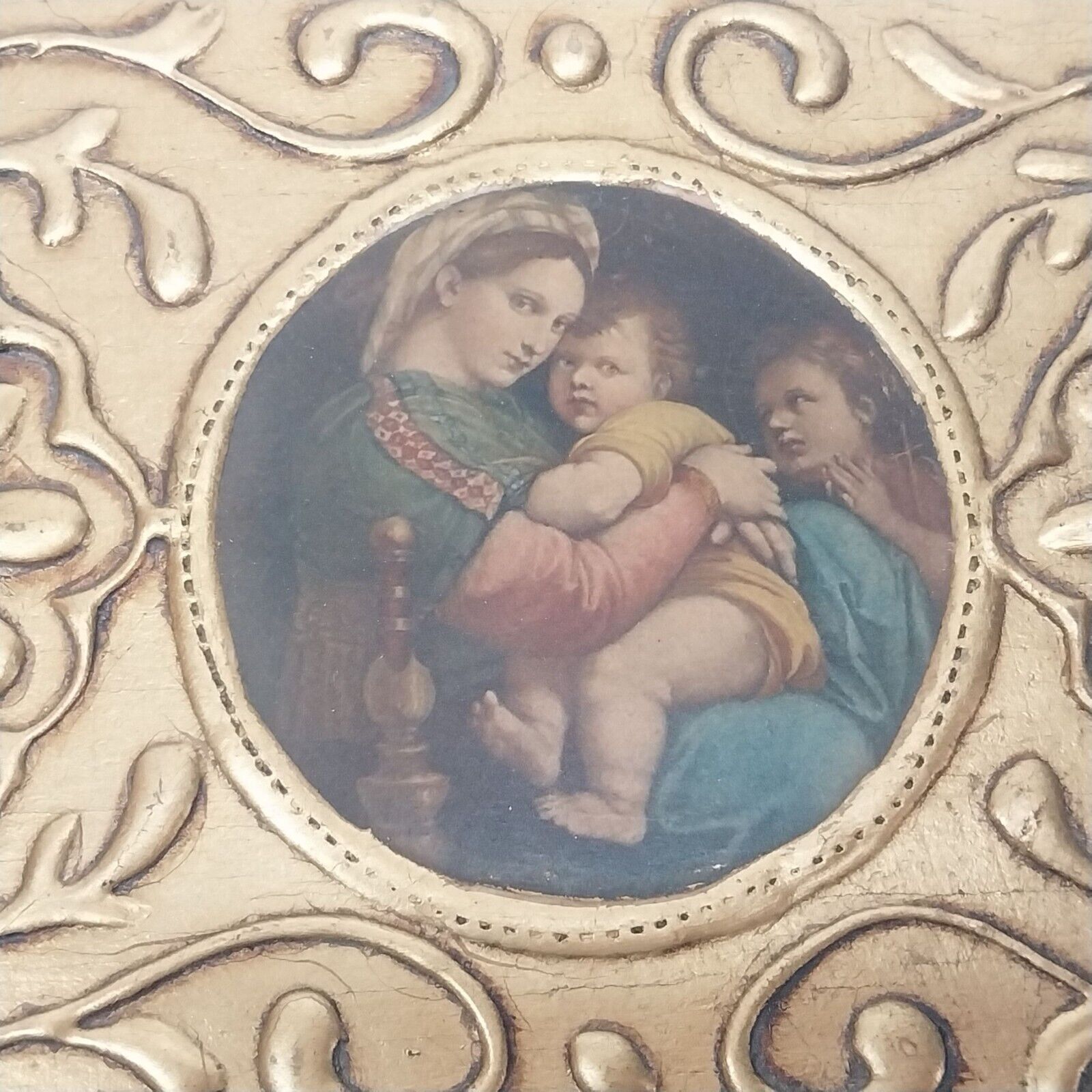 Vintage Italian Raphael Madonna of the Chair Wooden Plaque 1944 Gilt Religious