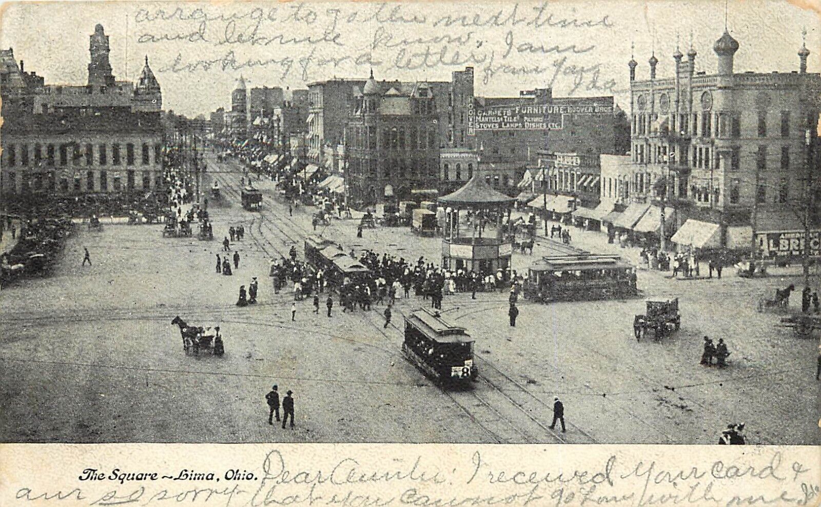 c1906 Postcard; Town Square, Lima OH, Trolleys Pavilion Horses Pedestrians
