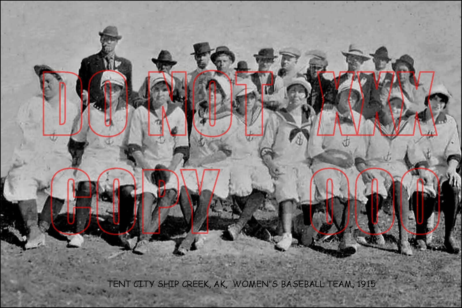 ALASKA RPPC (copy print) TENT CITY, SHIP CREEK, AK,  WOMEN\'S BASEBALL TEAM, 1915