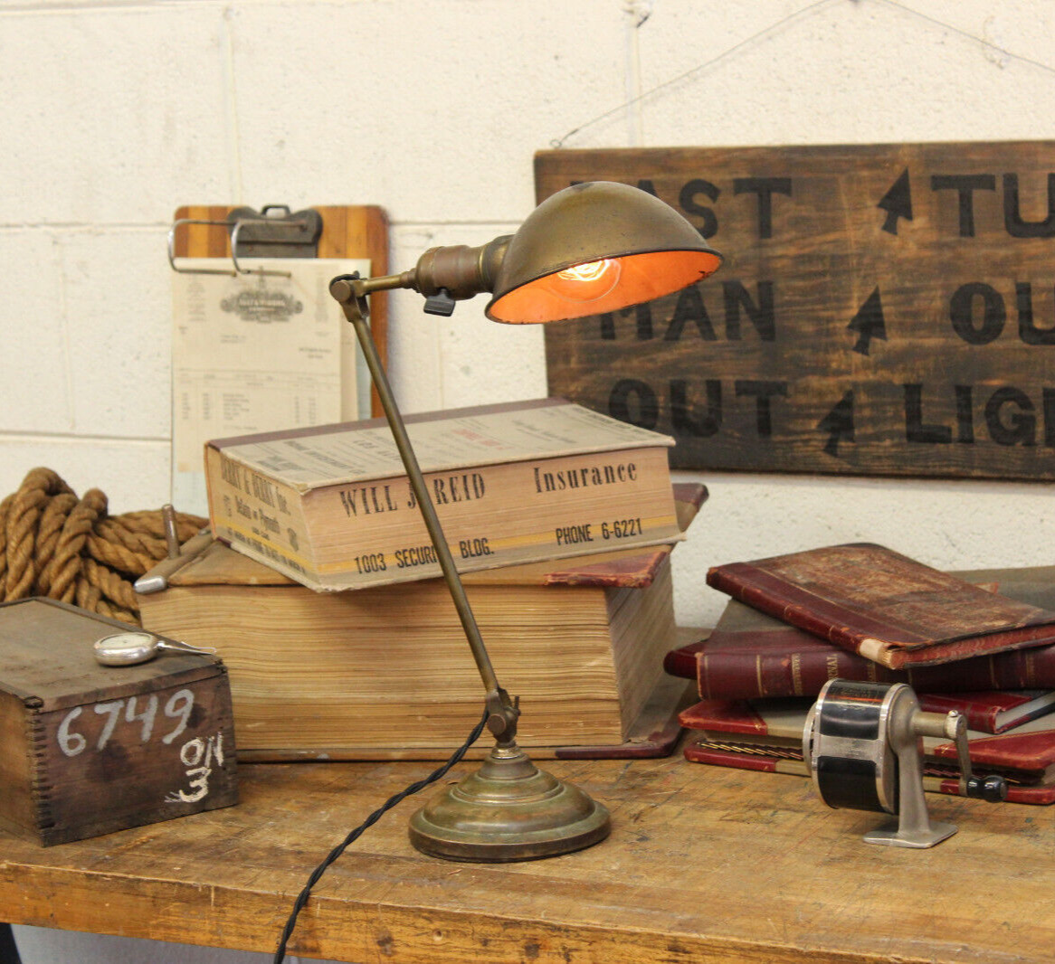 Vtg Antique Faries MFG Co Industrial Brass Desk Lamp Light Factory 1920s
