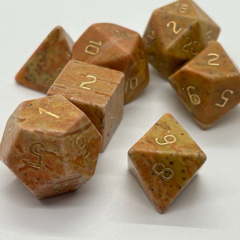 Galactic Dice Premium Dice Sets - Brown Jade Set of 7 Stone Dice with Tin