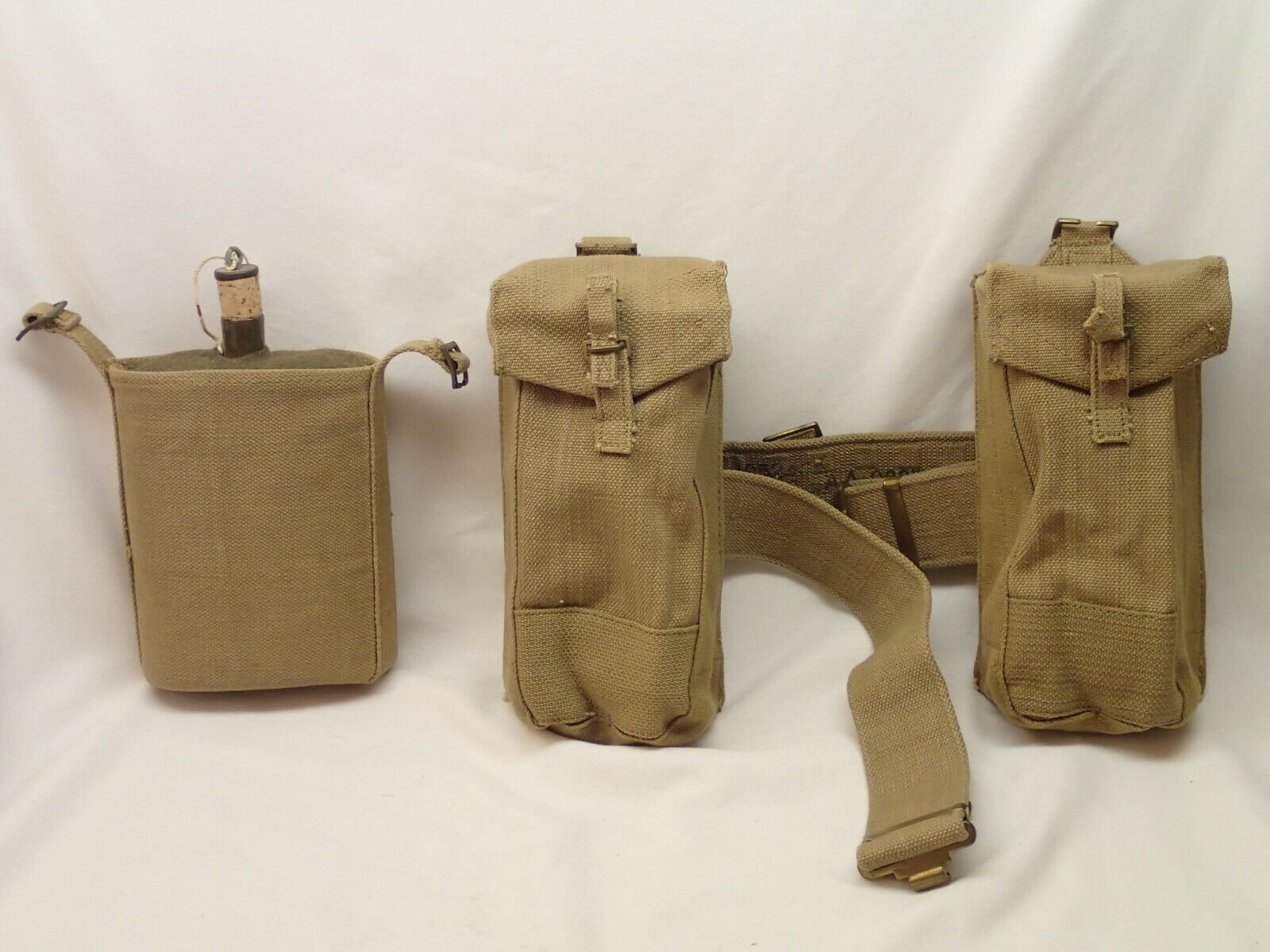 MECo WWII Era Vintage British Canteen 1944 and Belt with 2 Pouches 1952