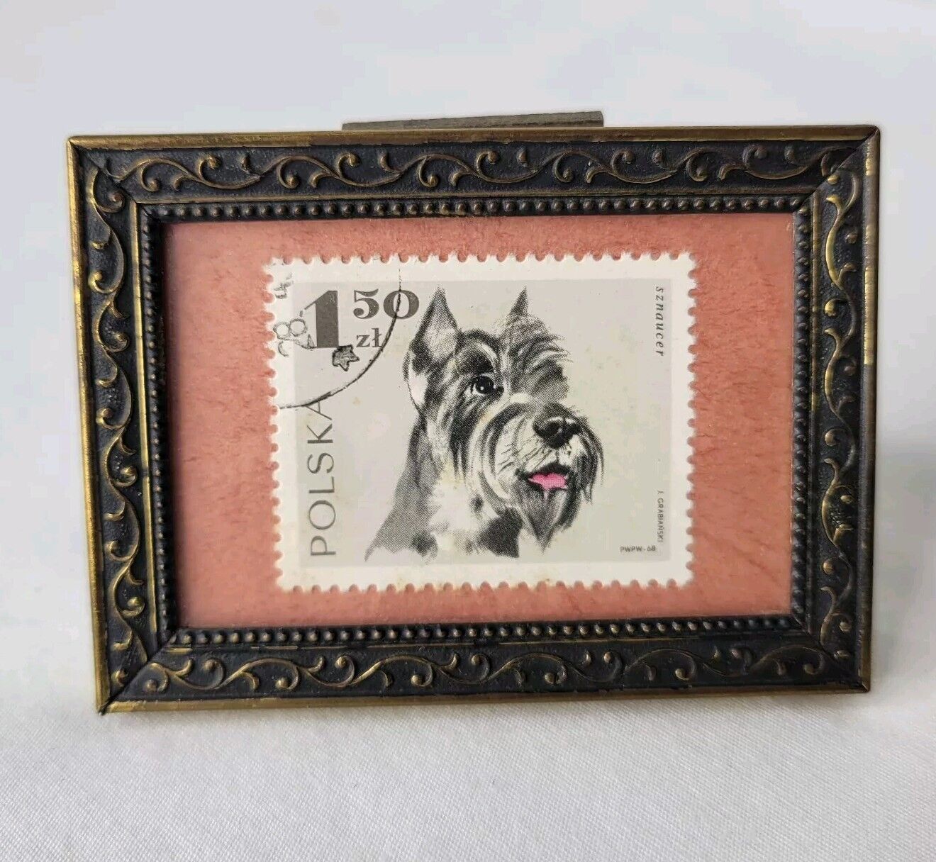 Vintage Polish Schnauzer Stamp Gold Tone Miniature Frame Poland Dogs 