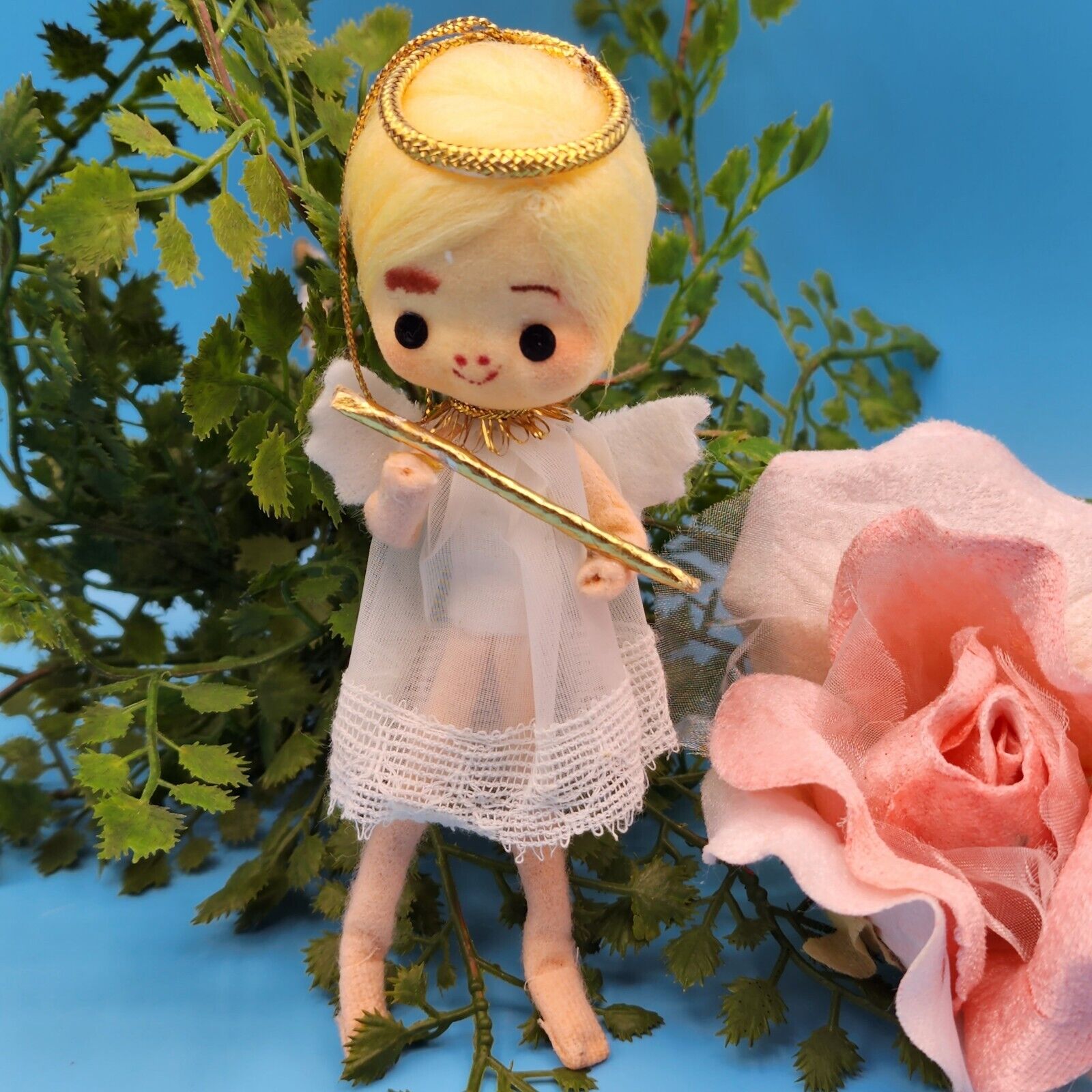 Vintage Angel with Flute Ornament Tulle Dress Flocked Face Blonde Hair Halo 5\